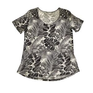 Como Vintage "The Perfect Tee" Tropical Palm Tunic Top L Rayon Blend Black White